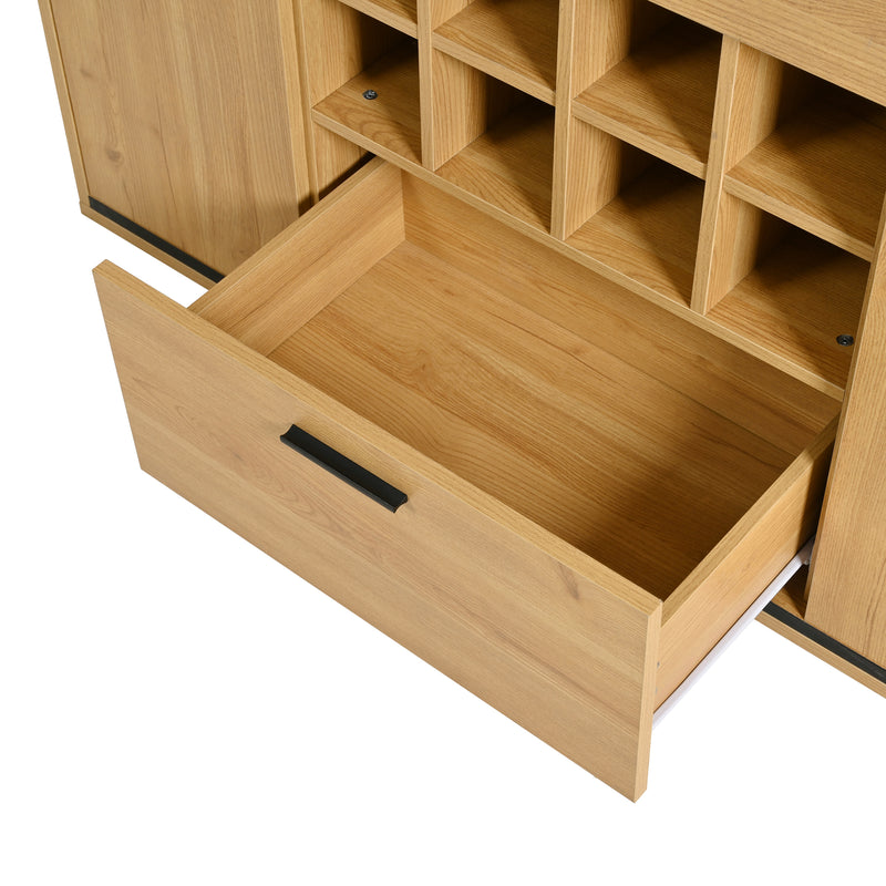 Buffet haut effet bois porte battante éclairage LED et range bouteuille AEDOL