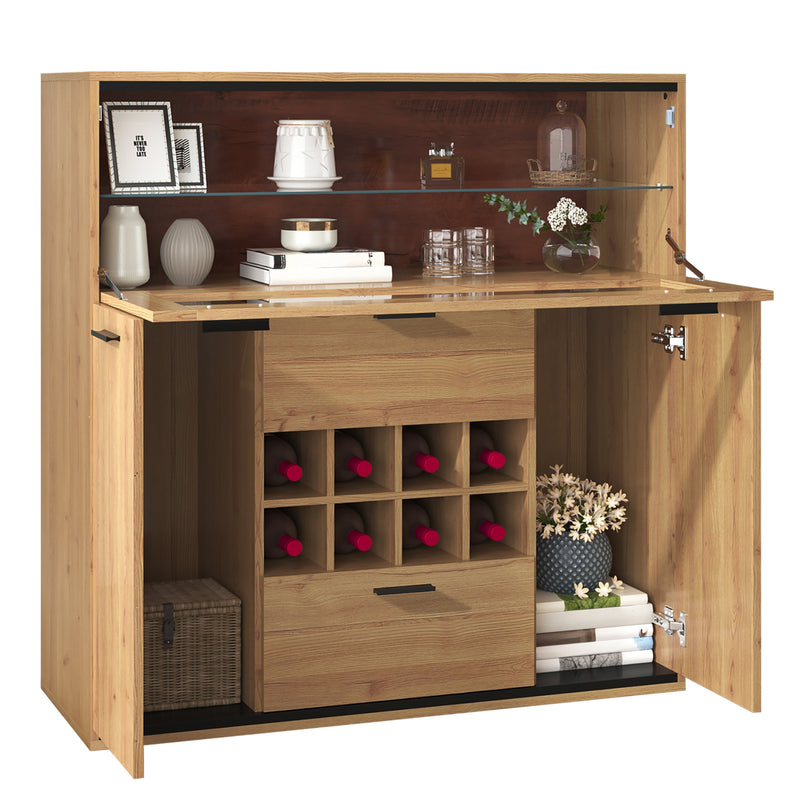 Buffet haut effet bois porte battante éclairage LED et range bouteuille AEDOL