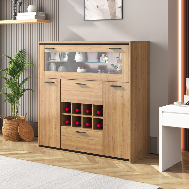 Buffet haut effet bois porte battante éclairage LED et range bouteuille AEDOL