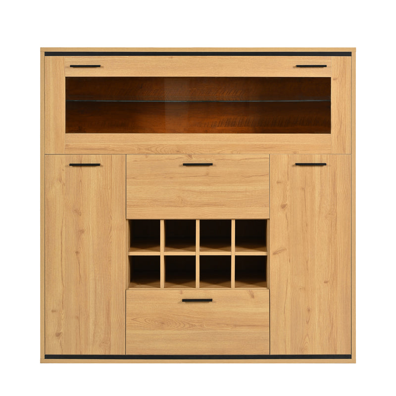Buffet haut effet bois porte battante éclairage LED et range bouteuille AEDOL