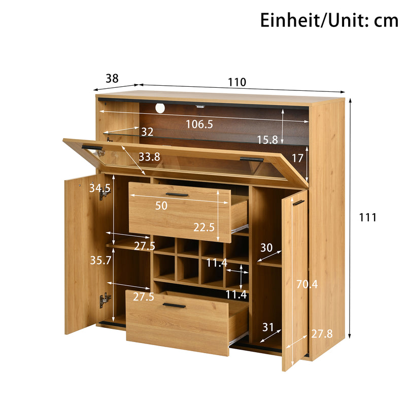 Buffet haut effet bois porte battante éclairage LED et range bouteuille AEDOL