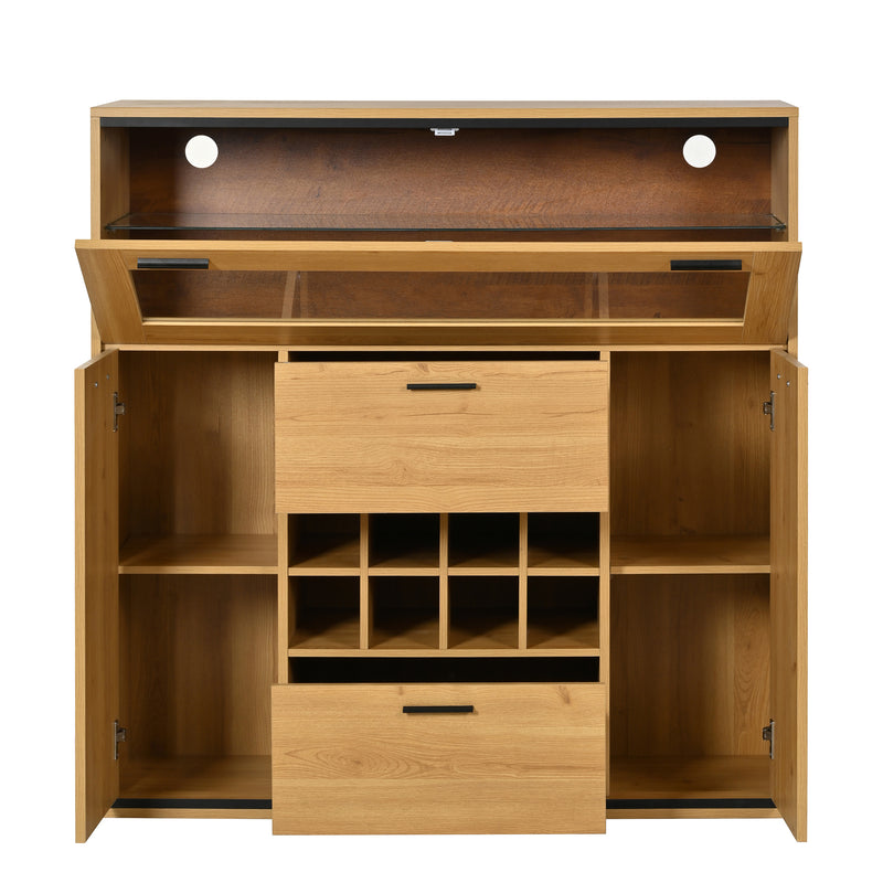Buffet haut effet bois porte battante éclairage LED et range bouteuille AEDOL