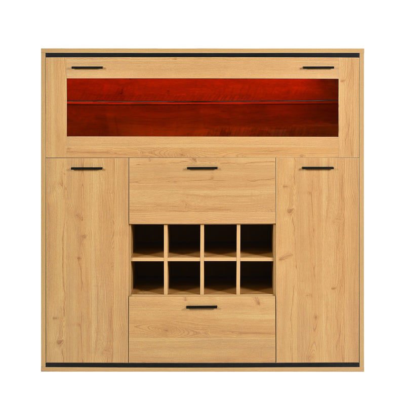 Buffet haut effet bois porte battante éclairage LED et range bouteuille AEDOL