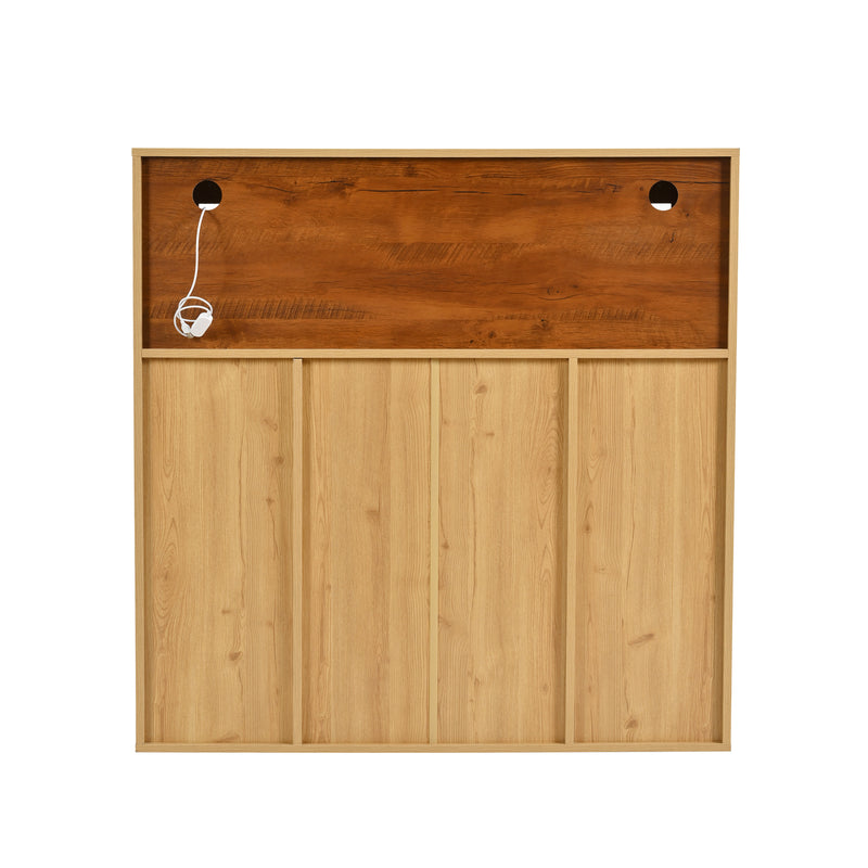 Buffet haut effet bois porte battante éclairage LED et range bouteuille AEDOL