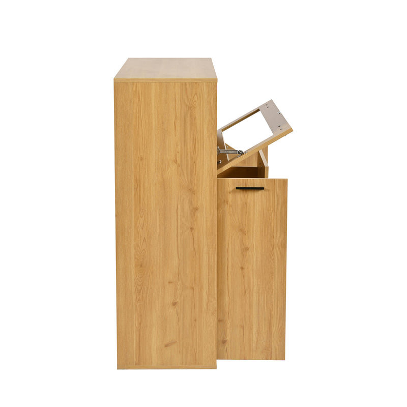 Buffet haut effet bois porte battante éclairage LED et range bouteuille AEDOL