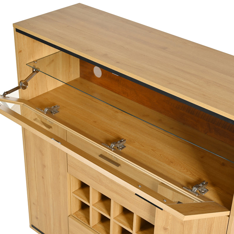 Buffet haut effet bois porte battante éclairage LED et range bouteuille AEDOL