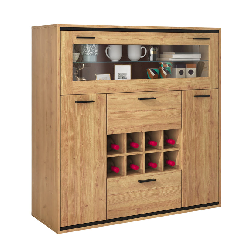 Buffet haut effet bois porte battante éclairage LED et range bouteuille AEDOL