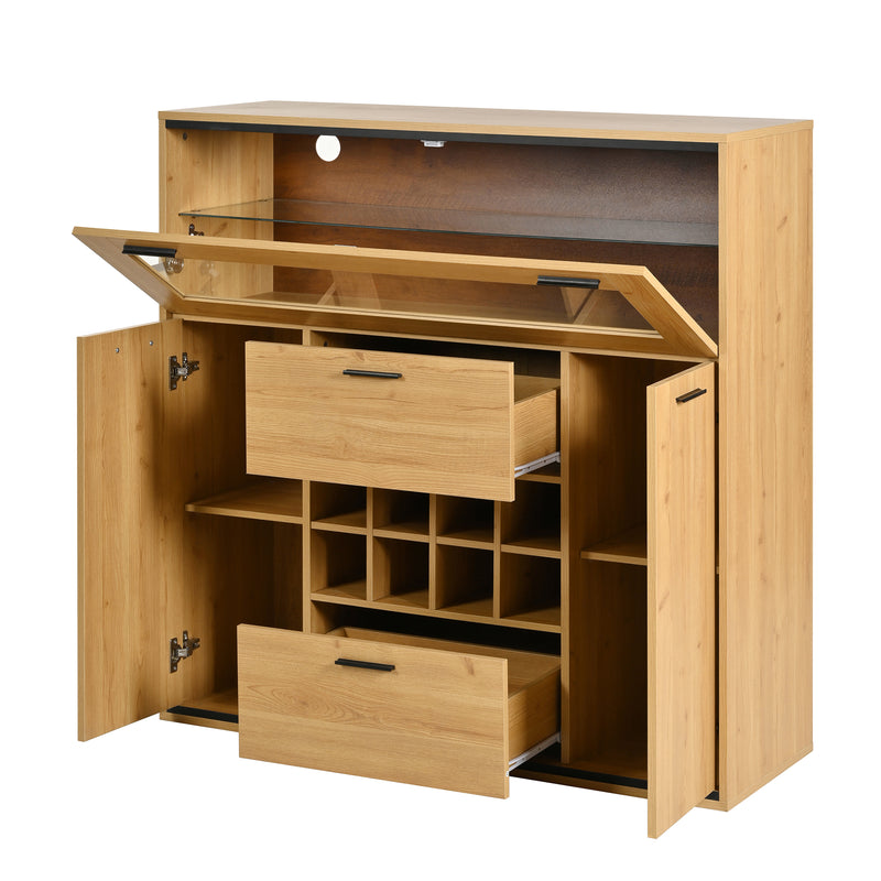Buffet haut effet bois porte battante éclairage LED et range bouteuille AEDOL