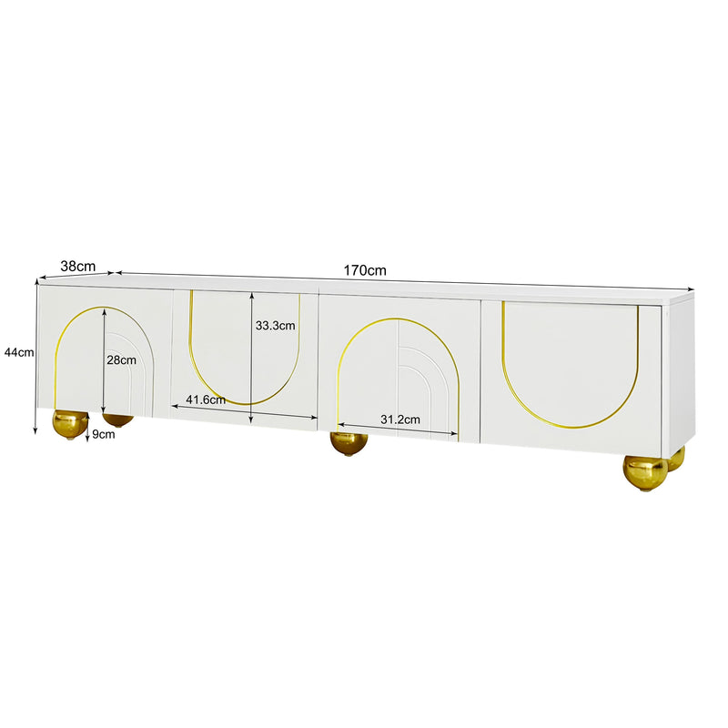 Meuble TV blanc luxueux avec portes sculptées et pieds dorés AEKRON G