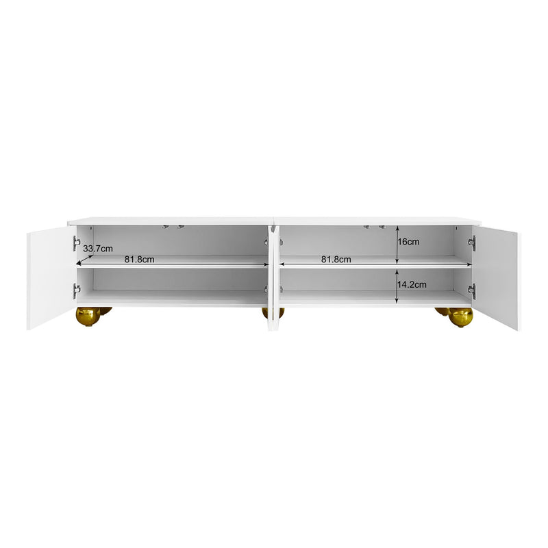 Meuble TV blanc luxueux avec portes sculptées et pieds dorés AEKRON G