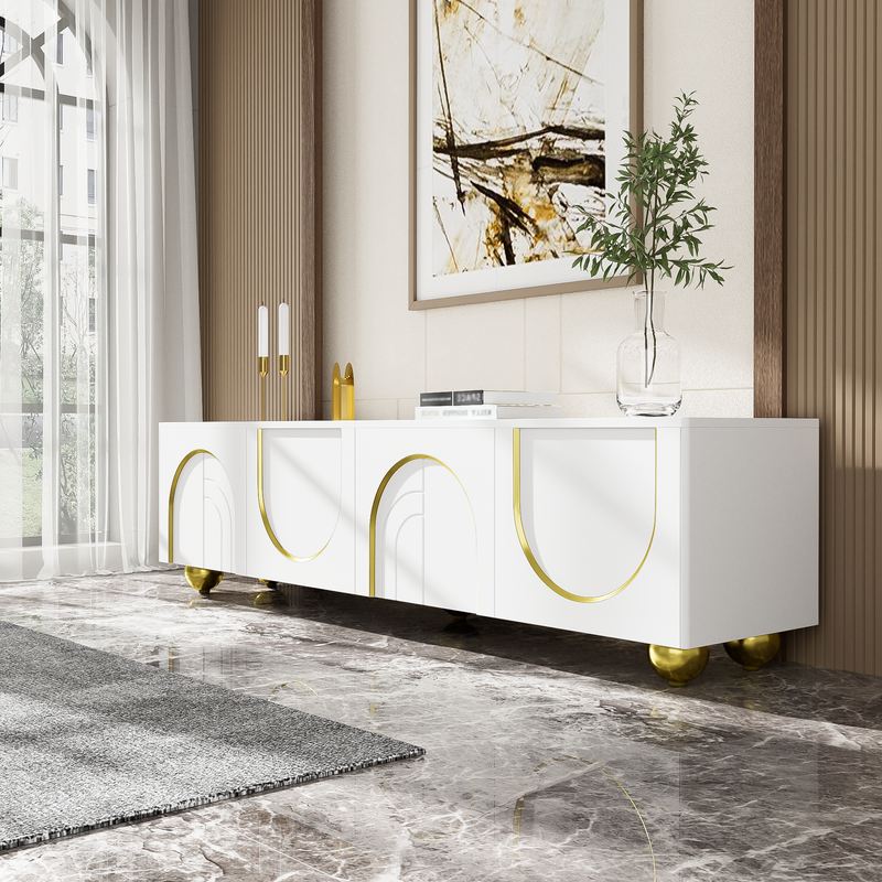 Meuble TV blanc luxueux avec portes sculptées et pieds dorés AEKRON G