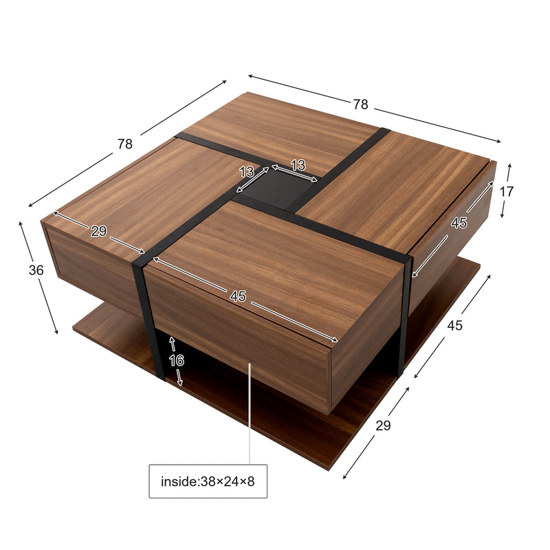 Table basse carrée effet bois 4 tiroirs et étagère ouverte AHNOIR