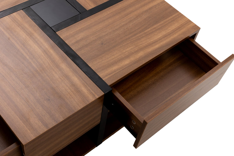 Table basse carrée effet bois 4 tiroirs et étagère ouverte AHNOIR