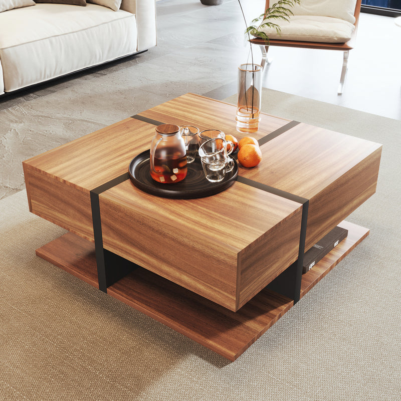 Table basse carrée effet bois 4 tiroirs et étagère ouverte AHNOIR
