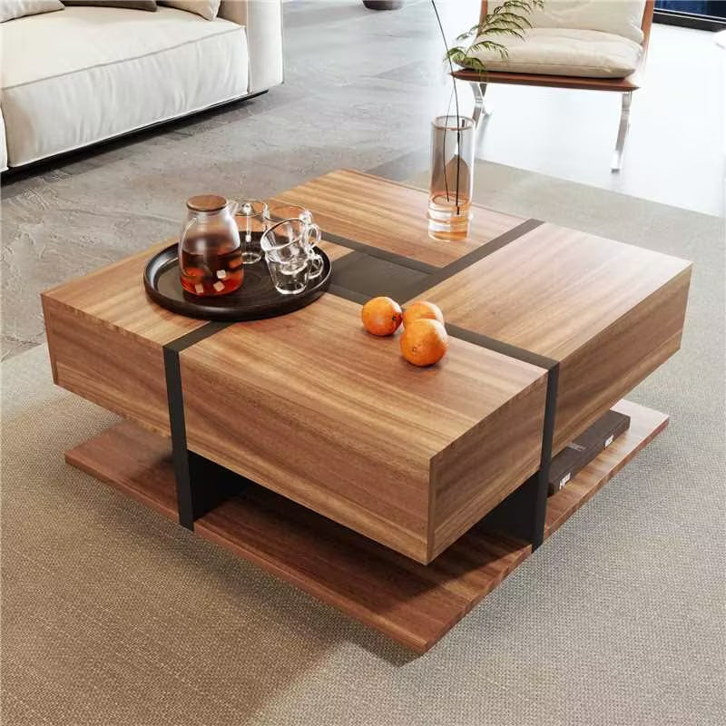 Table basse carrée effet bois 4 tiroirs et étagère ouverte AHNOIR