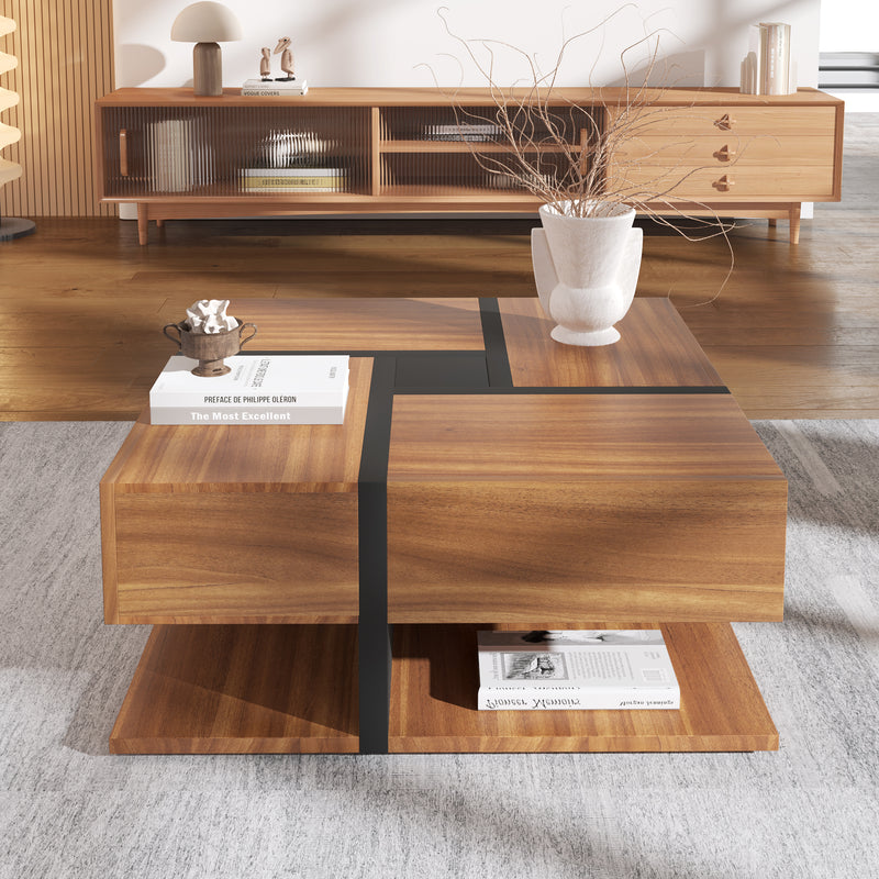 Table basse carrée effet bois 4 tiroirs et étagère ouverte AHNOIR