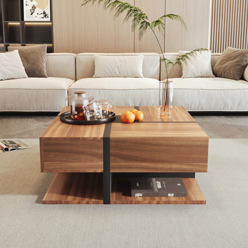 Table basse carrée effet bois 4 tiroirs et étagère ouverte AHNOIR