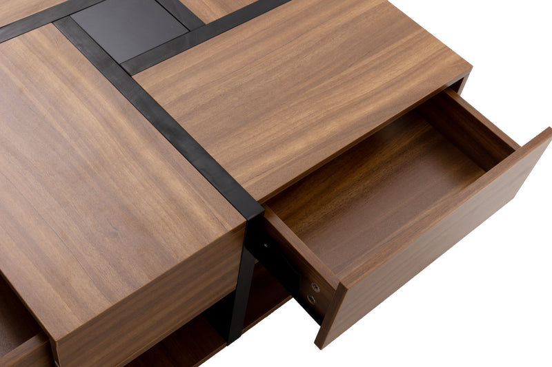 Table basse carrée effet bois 4 tiroirs et étagère ouverte AHNOIR