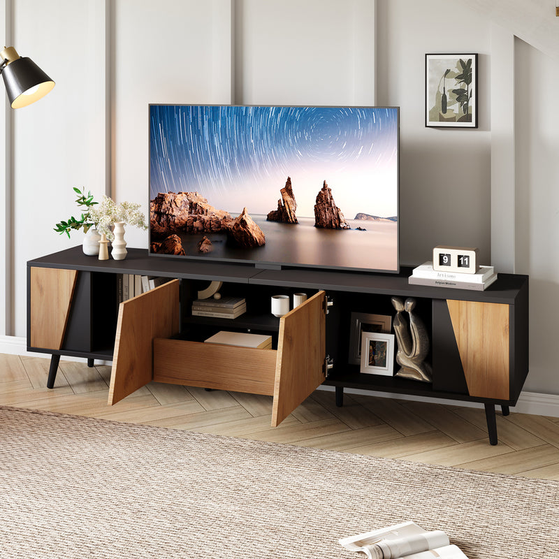 Meuble TV bicolore effet bois et noir 2 portes et tiroir FERNWING