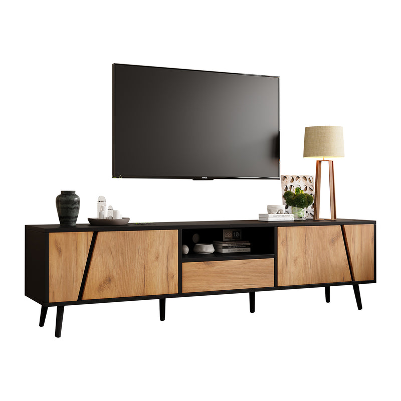 Meuble TV bicolore effet bois et noir 2 portes et tiroir FERNWING