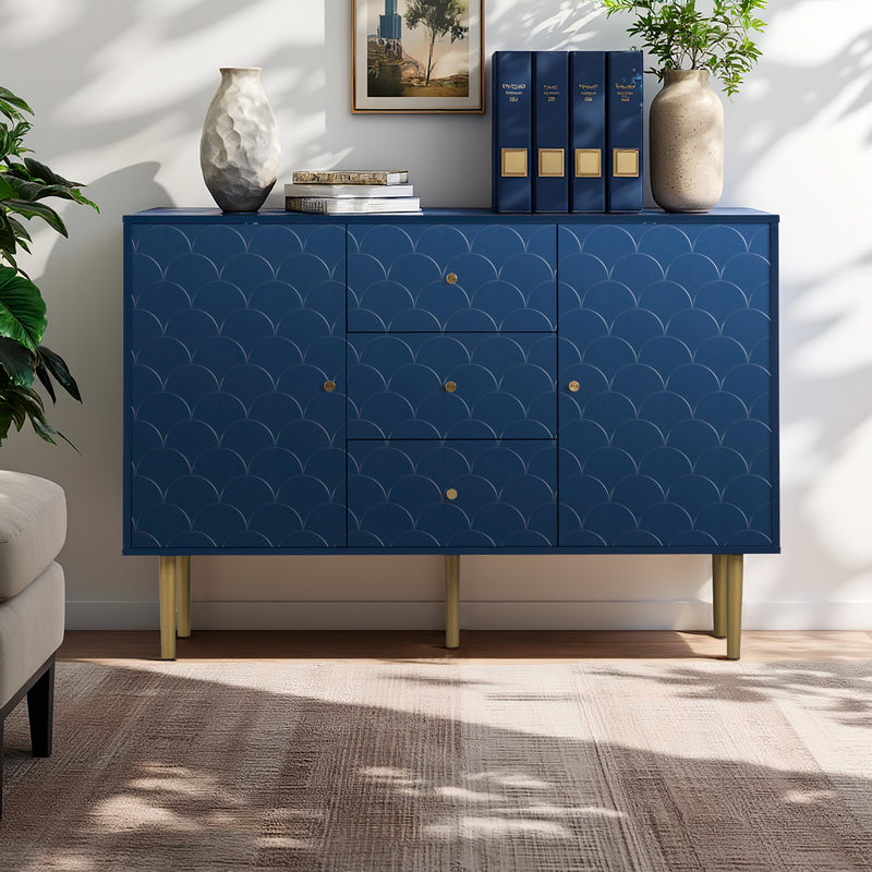 Commode buffet haut avec 2 portes 3 tiroirs bleu marine motif d&