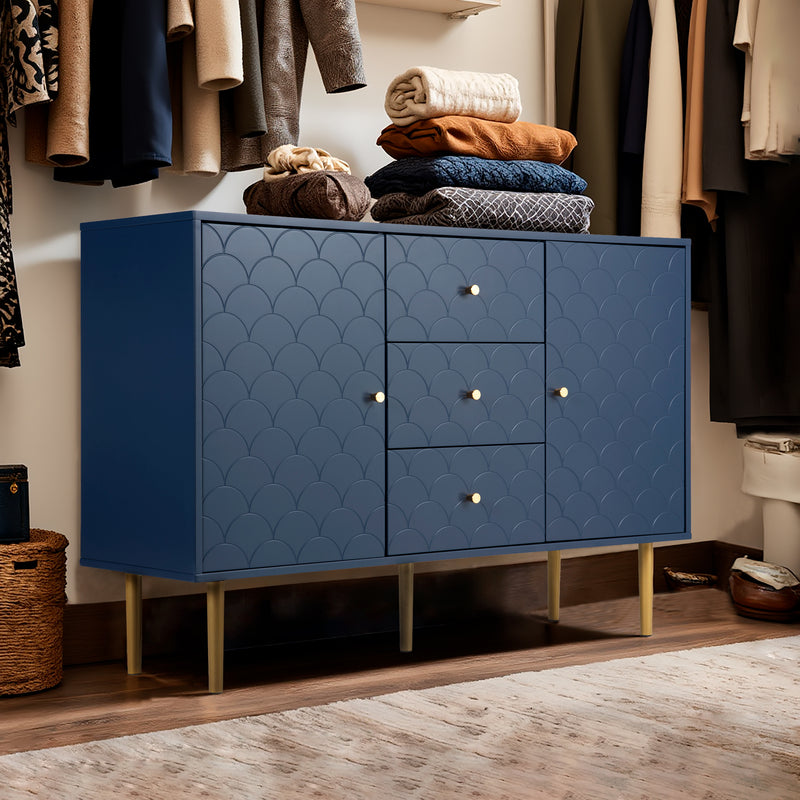 Commode buffet haut avec 2 portes 3 tiroirs bleu marine motif d&