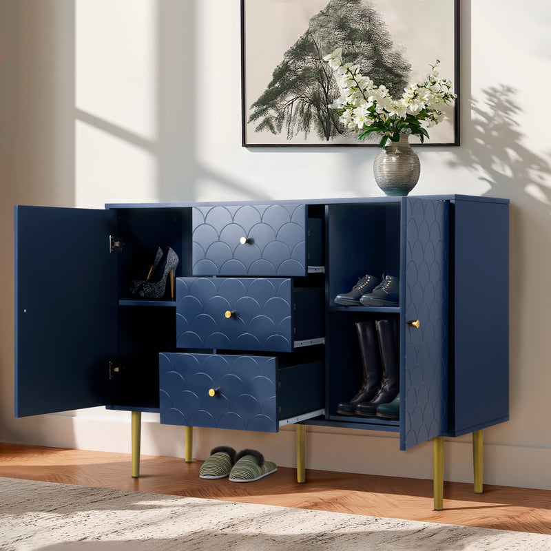 Commode buffet haut avec 2 portes 3 tiroirs bleu marine motif d&