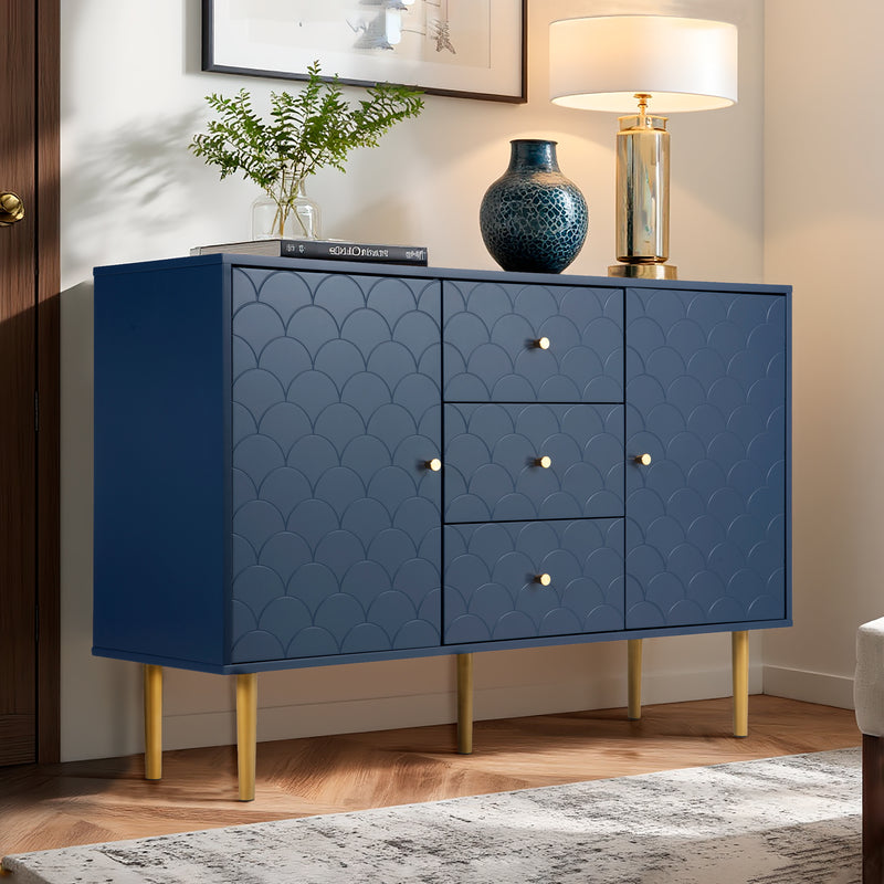 Commode buffet haut avec 2 portes 3 tiroirs bleu marine motif d&