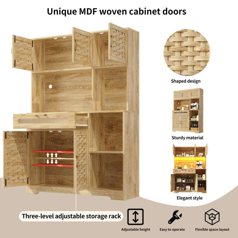 Buffet haut vaisselier de cuisine effet bois avec rotin tressé, éclairage LED ALPENGLOW