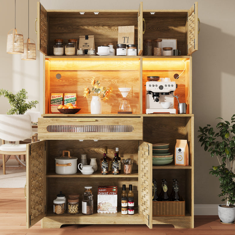 Buffet haut vaisselier de cuisine effet bois avec rotin tressé, éclairage LED ALPENGLOW