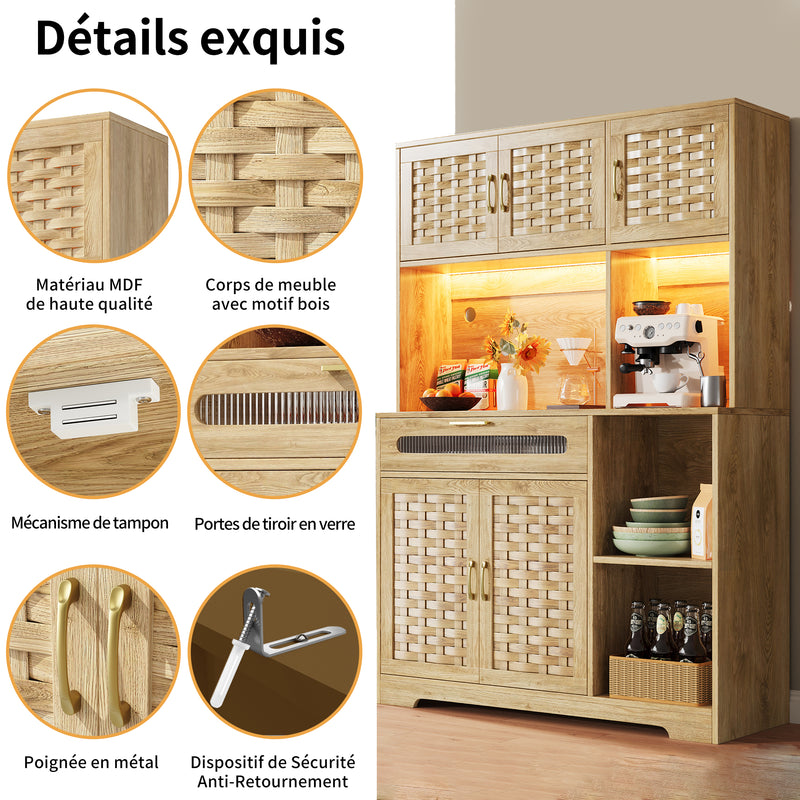 Buffet haut vaisselier de cuisine effet bois avec rotin tressé, éclairage LED ALPENGLOW