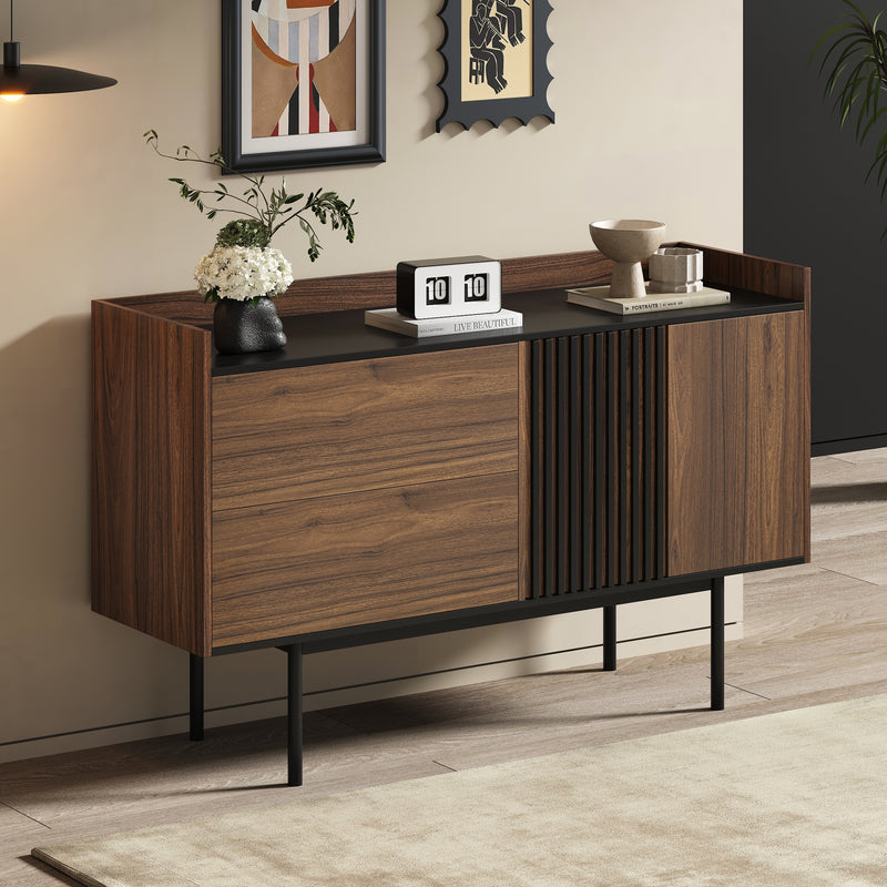 Buffet vintage effet bois noyer et noir 2 tiroirs 2 portes texturés ALTAI