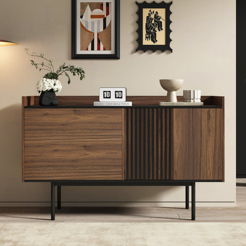 Buffet vintage effet bois noyer et noir 2 tiroirs 2 portes texturés ALTAI