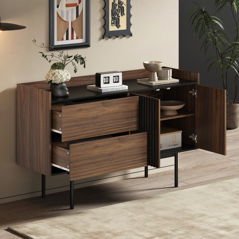 Buffet vintage effet bois noyer et noir 2 tiroirs 2 portes texturés ALTAI