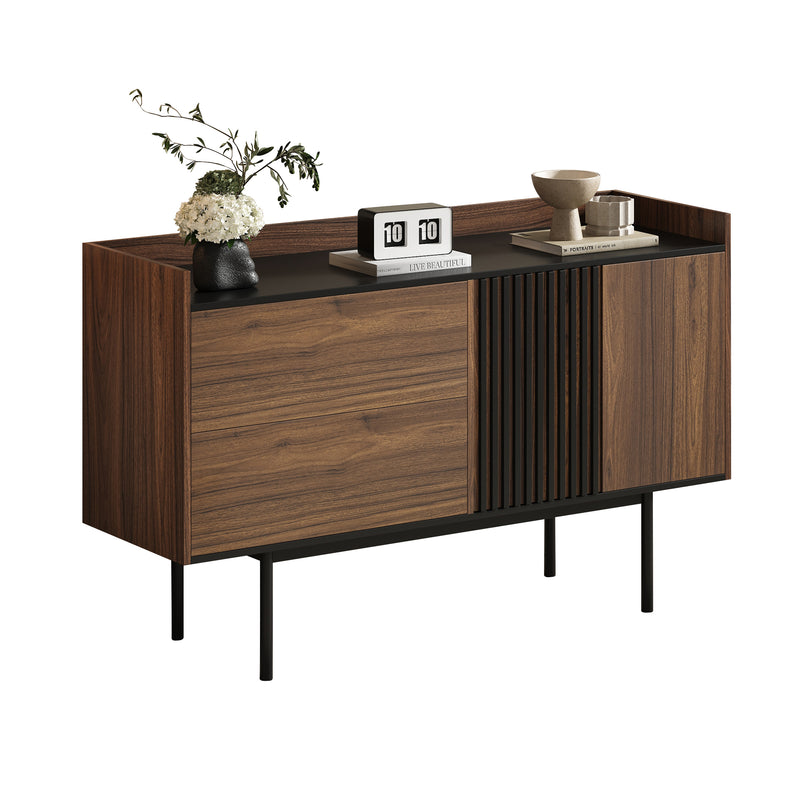 Buffet vintage effet bois noyer et noir 2 tiroirs 2 portes texturés ALTAI