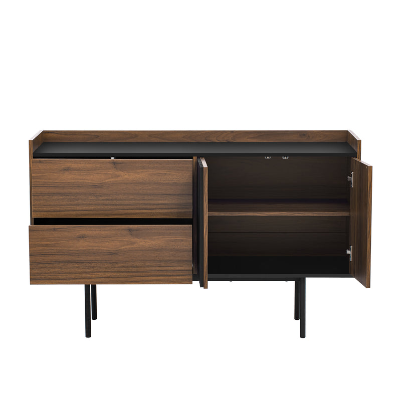 Buffet vintage effet bois noyer et noir 2 tiroirs 2 portes texturés ALTAI