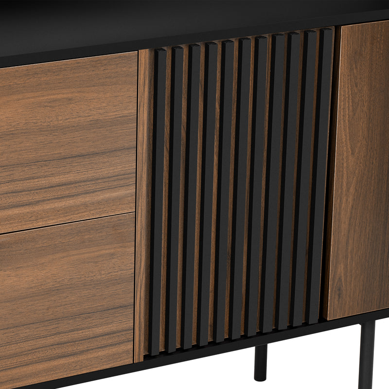 Buffet vintage effet bois noyer et noir 2 tiroirs 2 portes texturés ALTAI
