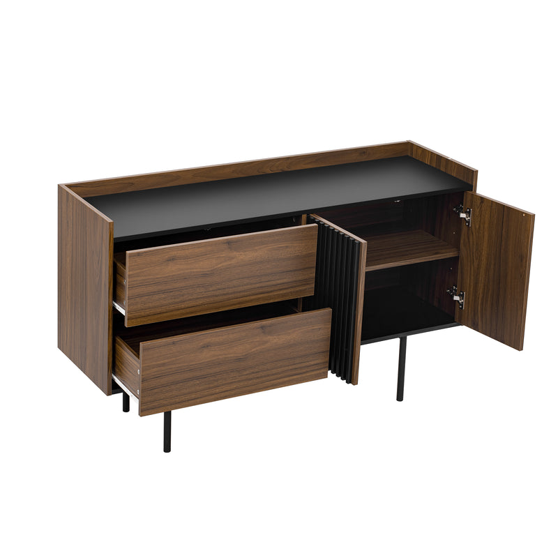 Buffet vintage effet bois noyer et noir 2 tiroirs 2 portes texturés ALTAI