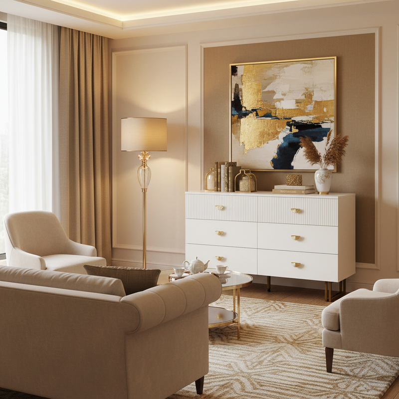 Buffet élégant crème à 6 tiroirs avec façades rainurées et poignées dorées - style contemporain ALTOCRYPT