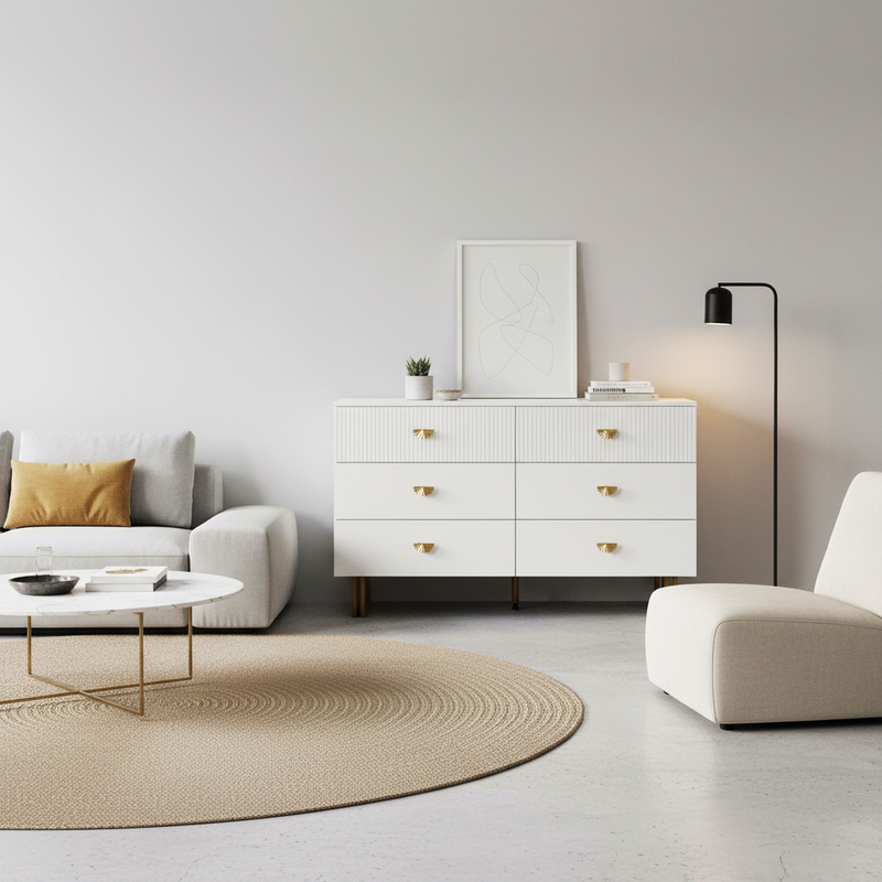 Buffet élégant crème à 6 tiroirs avec façades rainurées et poignées dorées - style contemporain ALTOCRYPT
