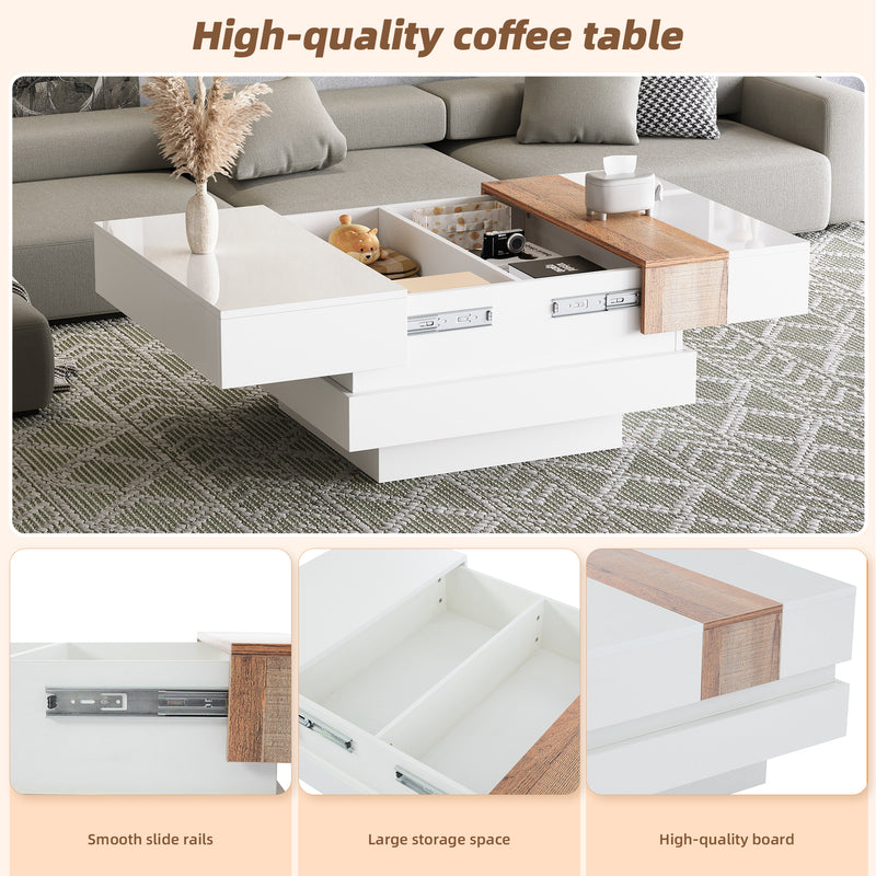 Table basse carrée blanche brillante et bois plateau coulissant et rangement caché CEDARBROOK