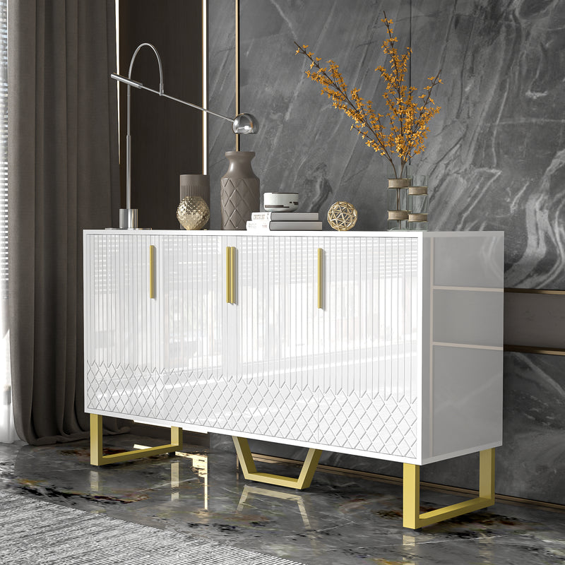 Buffet blanc laqué motifs géométriques pieds et poignées métalliques dorés ANQRUX