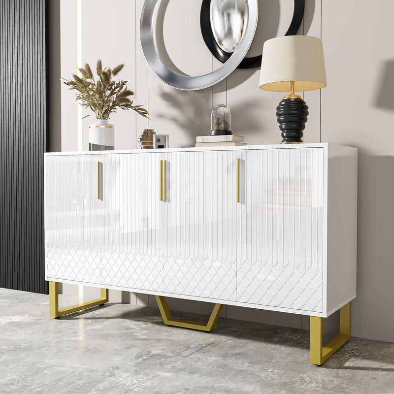Buffet blanc laqué motifs géométriques pieds et poignées métalliques dorés ANQRUX