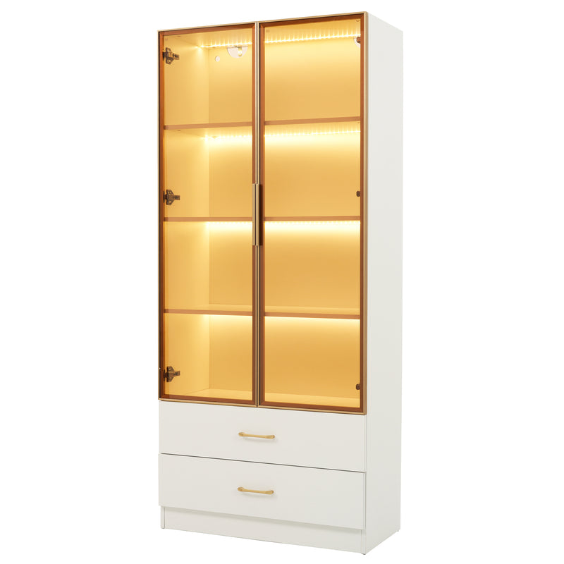 Vitrine haute blanc 2 grands tiroirs et 2 portes en verre trempé teinté, avec bande éclariage LED ANZEDS WHITE