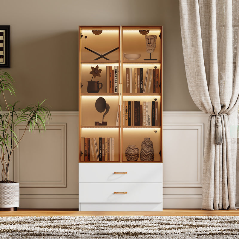 Vitrine haute blanc 2 grands tiroirs et 2 portes en verre trempé teinté, avec bande éclariage LED ANZEDS WHITE
