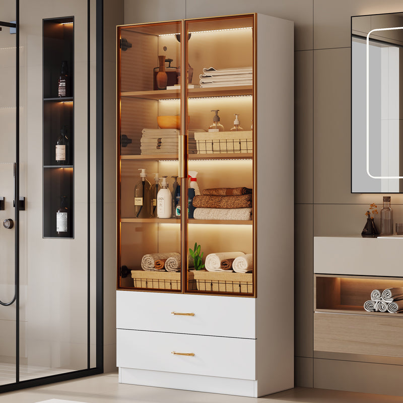 Vitrine haute blanc 2 grands tiroirs et 2 portes en verre trempé teinté, avec bande éclariage LED ANZEDS WHITE