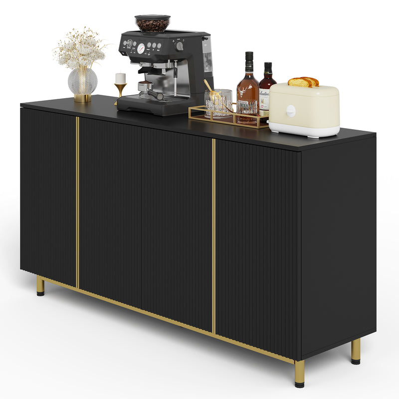 Buffet moderne noir 4 portes texturés et accents dorés ARNOIH