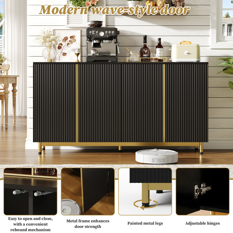 Buffet moderne noir 4 portes texturés et accents dorés ARNOIH