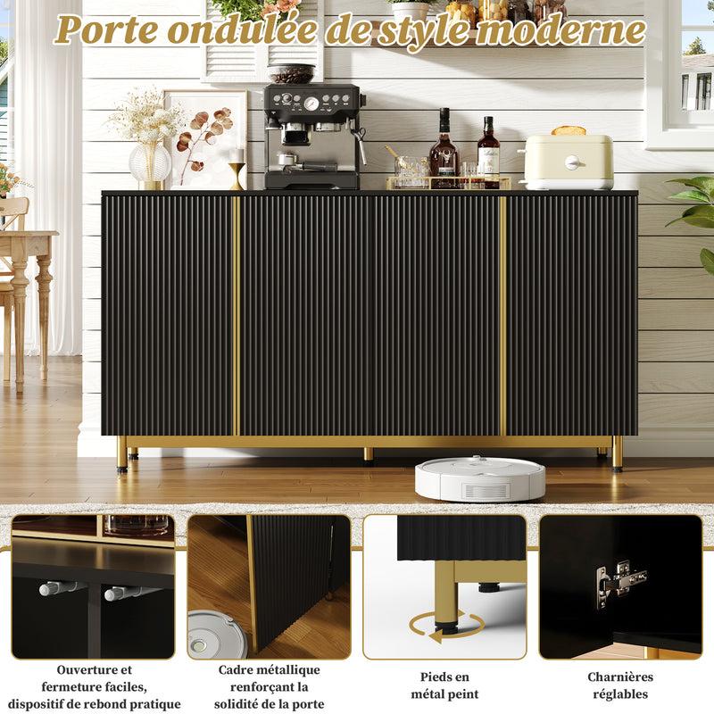 Buffet moderne noir 4 portes texturés et accents dorés ARNOIH