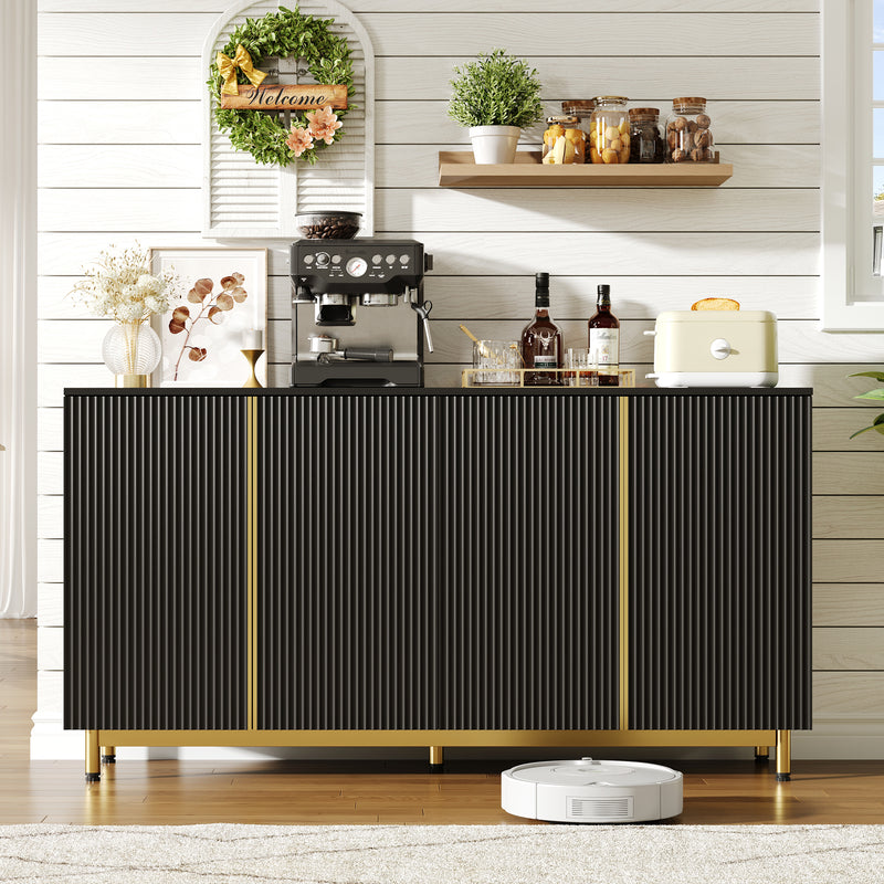 Buffet moderne noir 4 portes texturés et accents dorés ARNOIH